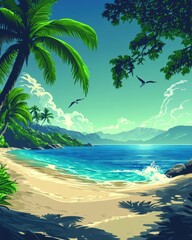 Obraz premium Serene tropical beach paradise with turquoise water palm trees and distant mountains under a bright sky