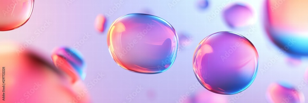 Poster Colorful bubbles floating in a soft background creating a dreamy atmosphere in an abstract design. Generative AI