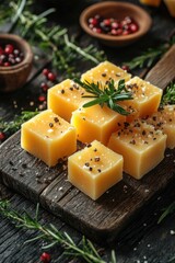 Delicious Parmesan Cheese Cubes on Rustic Wooden Board Garnished with Rosemary and Red Pepper Berries in Dark Mood