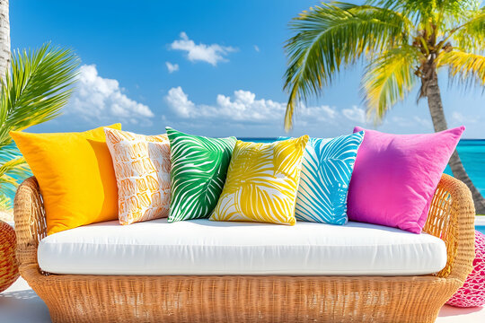 Colorful pillows on patio, beach view
