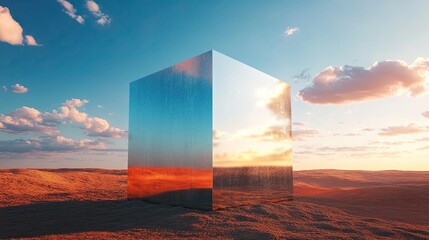 Minimal 3D mirror cube placed in the middle of vast desert, surreal and artistic scene blending geometry with natural landscape, ideal for futuristic, abstract, or conceptual visual concepts.