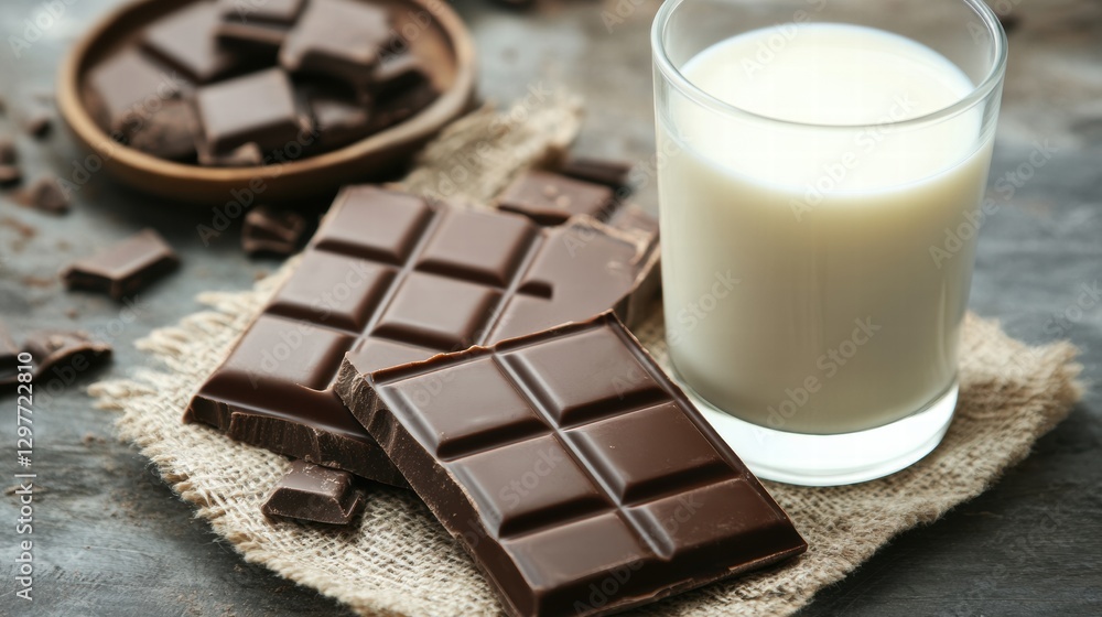 Poster rich dark chocolate bars paired with a glass of fresh milk on a rustic table setting. generative ai