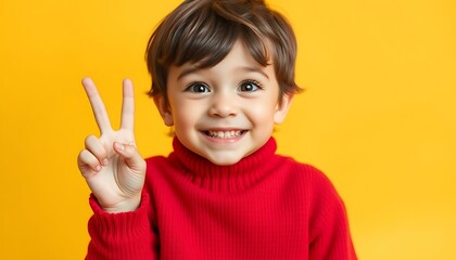 Happy Toddler Boy in Red Sweater Showing Peace Sign on Yellow Background