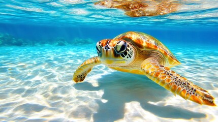 Obraz premium Graceful Sea Turtle Swimming in Clear Tropical Water Under Sunlight