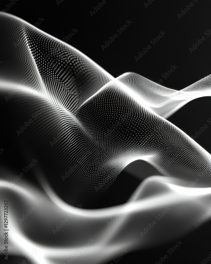 Poster abstract flowing wave of white dots on black background dynamic digital particle wave for technology