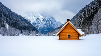 Cozy Wooden Cabin Surrounded by Snowy Mountains in Winter Landscape