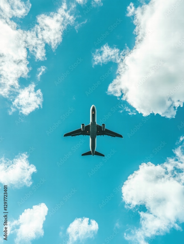 Aufkleber Airplane flying high above the clouds in a clear blue sky capturing the essence of travel and adventure. Generative AI