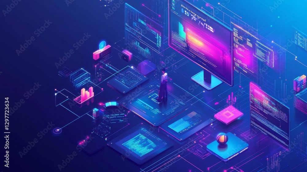 Leinwandbilder Abstract Futuristic Data Analysis and Visualization Platform with Central Figure