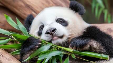 Fototapeta premium Cute Panda Sleeping Peacefully While Holding Bamboo Stick