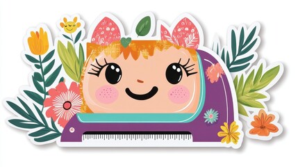 Fototapeta premium Cheerful Cartoon Girl with Typewriter Surrounded by Colorful Flowers