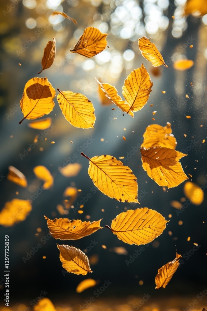 Aufkleber golden leaves falling in autumn sunlight creating a beautiful bokeh effect in a forest setting with 