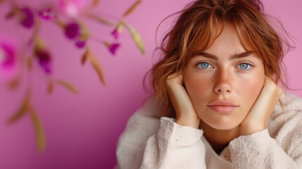 Portrait of cute women with red hair and blue eyes dressed in beige clothes on pink background with flowers.