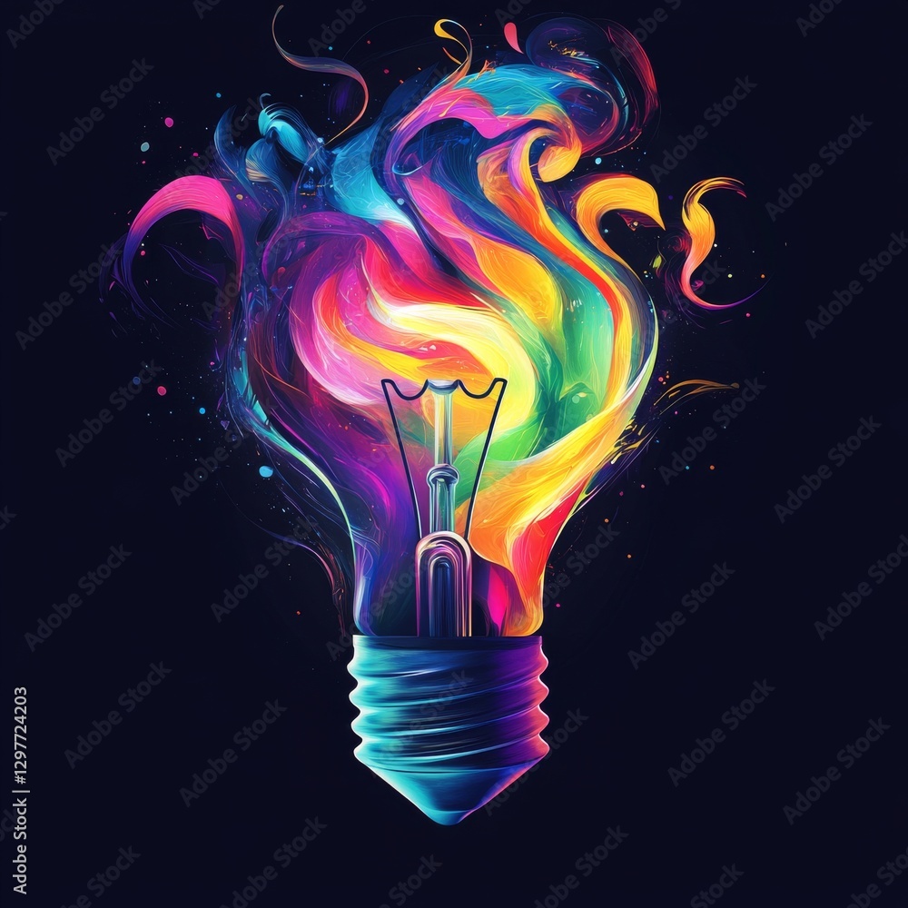 Poster creative illumination: a light bulb bursting with colorful imagination and abstract energy on a dark