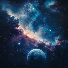 Distant Worlds: A lone planet gleams against a vibrant nebula backdrop, surrounded by countless stars in the vast expanse of space.
