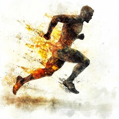 Naklejka premium Dynamic Runner: Abstract Watercolor Image of a Man in Motion with Fire and Energy Effects Against a White Background.