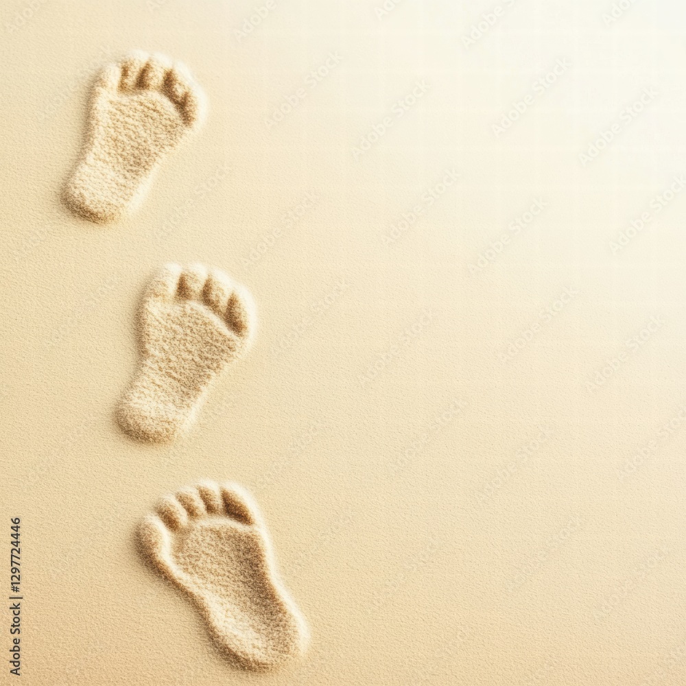 Poster footprints in soft sand leading toward the horizon on a sunny day at the beach. generative ai