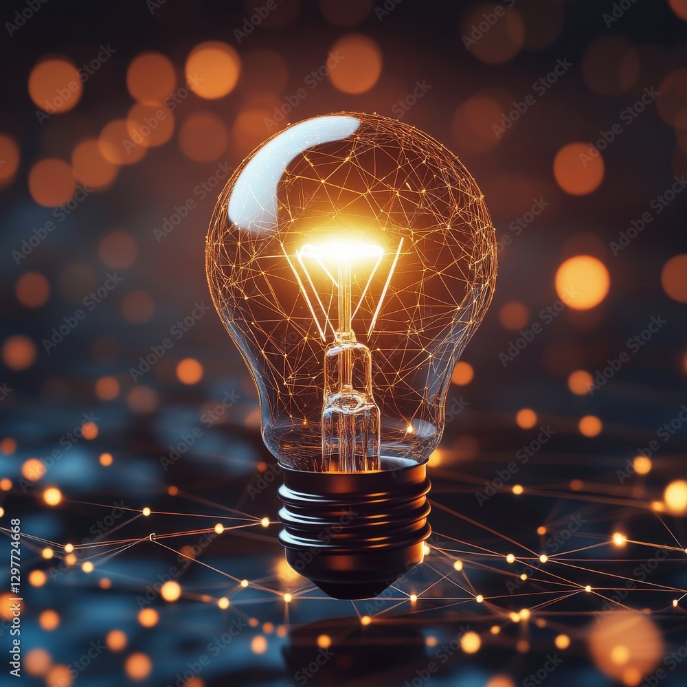 Poster illuminating ideas: a conceptual light bulb with connected network, representing innovation and tech