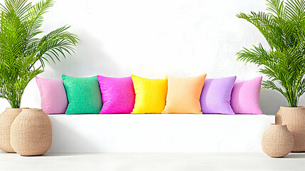 Colorful pillows on white bench, plants