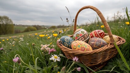 A Basket Full of Colorful Easter Eggs with Intricate Hand-Painted Patterns, Set in a Spring Meadow Perfect for Easter celebrations, seasonal greetings, and festive designs.