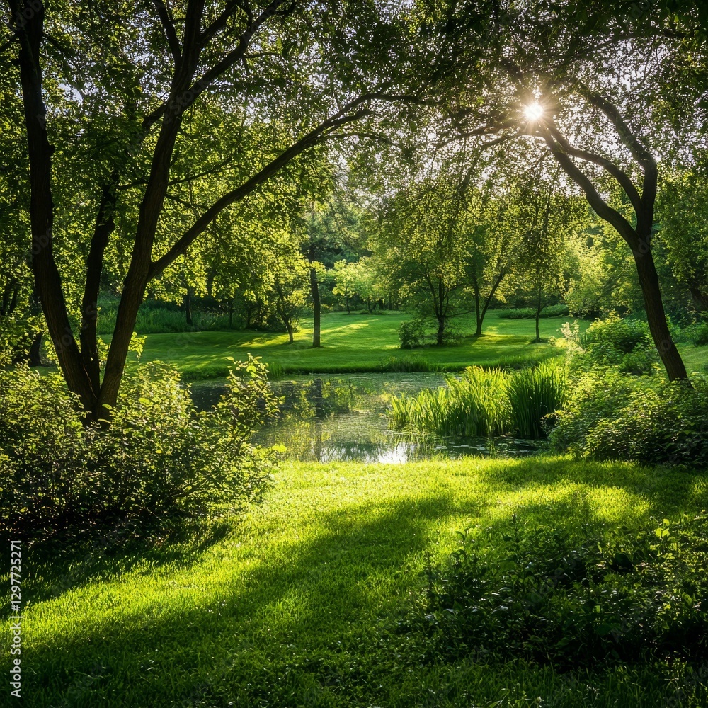 Poster sunlit glade: serene pond reflects the lush greenery of a summer meadow, framed by towering trees wi
