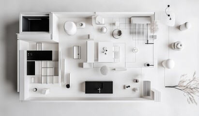 Overhead view of a white model apartment, showcasing modern furniture and decor