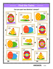 Easter holiday picture puzzle: Find two identical postage stamps. Answer included.
