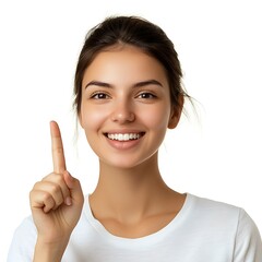 Happy young woman with idea, pointing up.