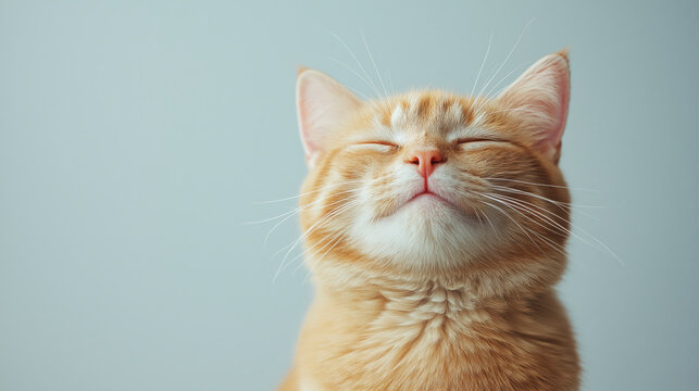Ginger cat with happy expression on blue background. Pet emotion concept