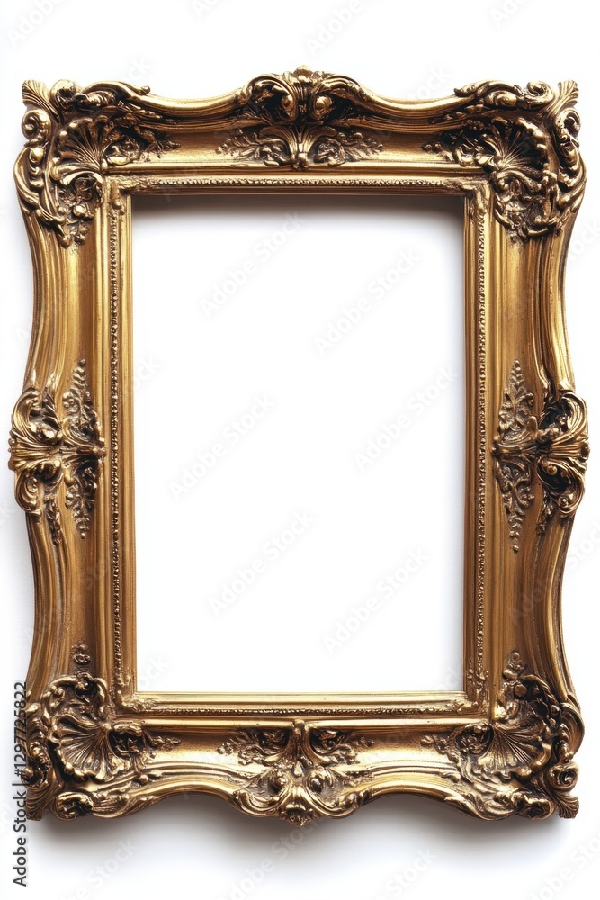 Poster ornate gilded frame with intricate baroque details casting soft shadows against a clean white backgr