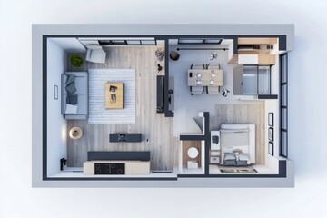 Small apartment floor plan, open concept design, modern interior, daylight
