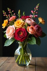 Fototapeta premium Elegant arrangement of preserved flowers in a glass vase on a rustic wooden table, decoration, bouquet, decor