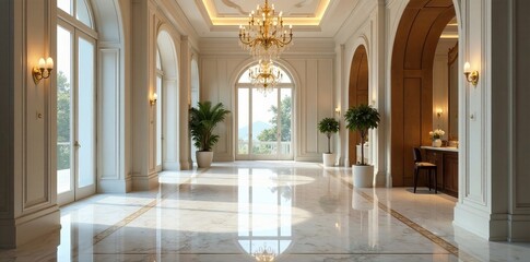 Elegant modern architecture with marble floors and grand chandeliers, luxury, chandelier, shopping mall