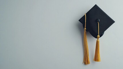 Black graduation cap hanging on white background