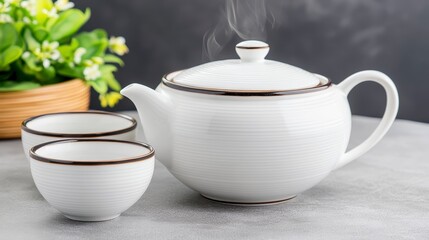 Elegant White Teapot and Cups with Steaming Tea on Gray Surface