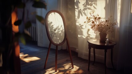 A classic wooden framed mirror stands in a sunlit room