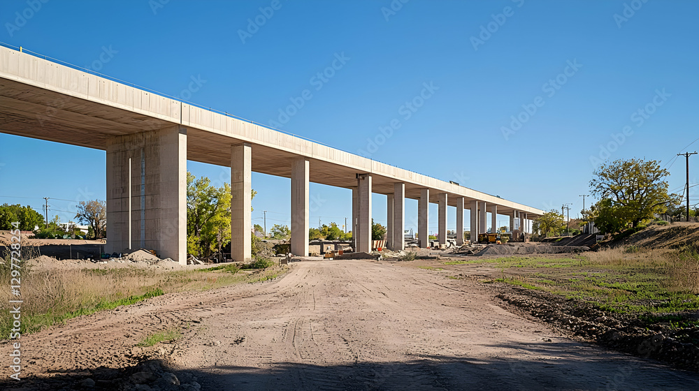 Poster concrete highway overpass structure with support columns and blue sky in daylight