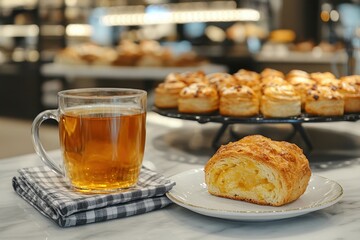 Warm tea and delicious pastry at a bakery cafe a delightful morning treat with a cozy and inviting atmosphere perfect for a relaxing break