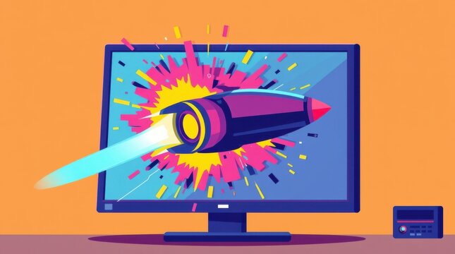 Rocket bursts through computer screen with colorful explosion. Fast-paced game or sudden event represented.