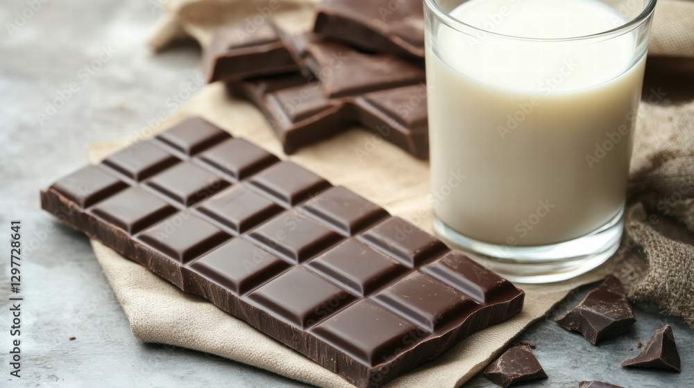 Poster delicious chocolate bar with milk placed on a textured surface. generative ai