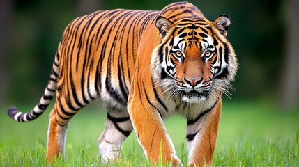 Fototapeta premium Majestic Tiger Walking Through Lush Green Grass in Wild Habitat