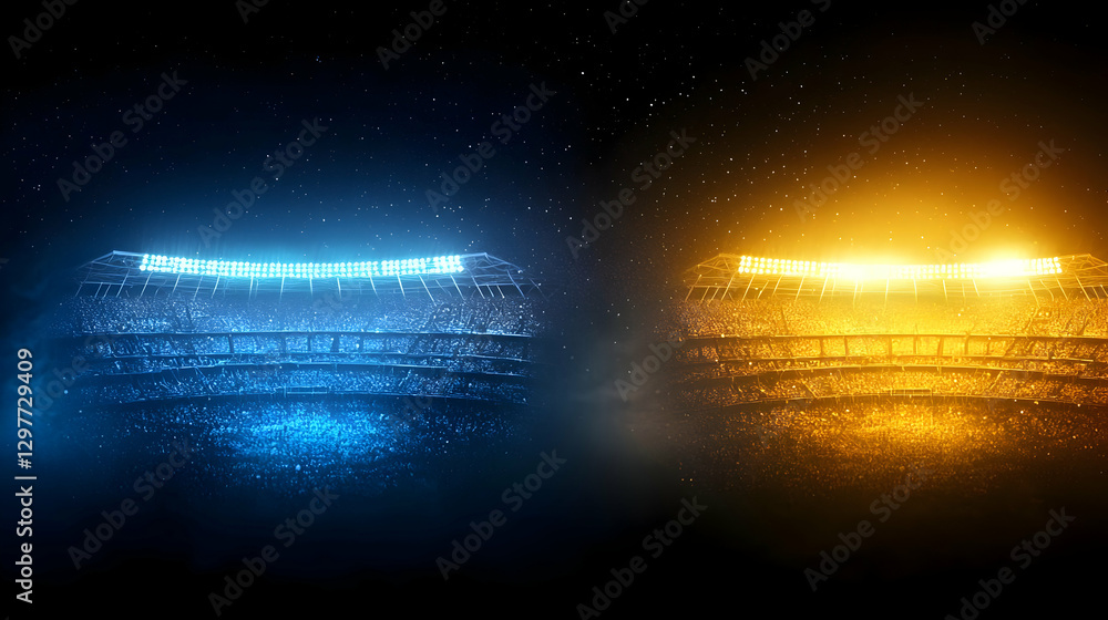 Poster abstract digital structures illuminated in blue and orange reflecting on dark surface