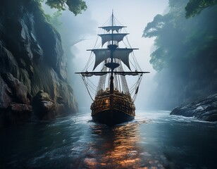Front view of a pirate ship piercing through the fog of a narrow channel. Generated image