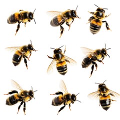 Nine honeybees in various poses on white background.