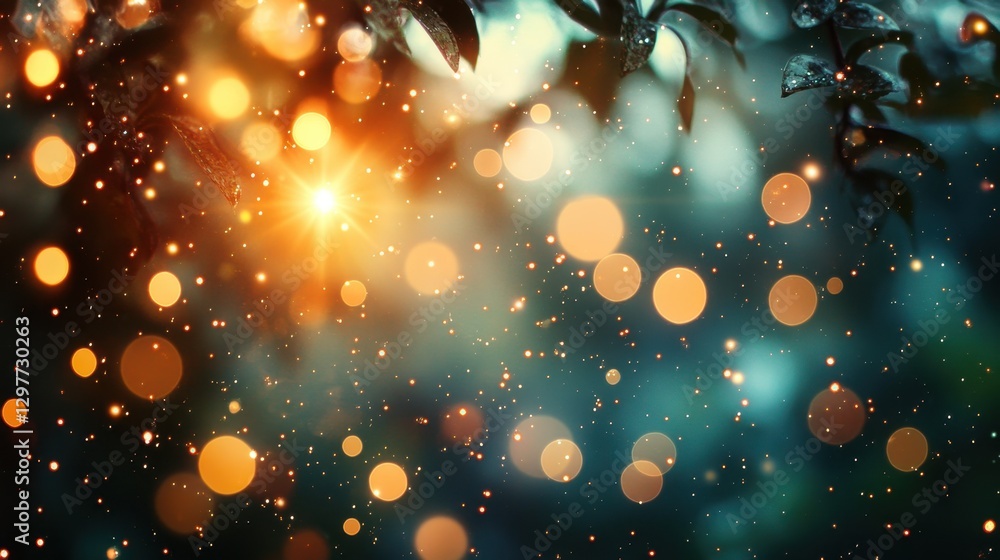 Poster enchanting bokeh lights dance amidst dark foliage creating a magical and dreamy atmosphere with a so