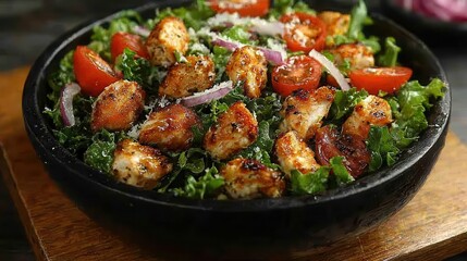 Fototapeta premium A vibrant dish featuring grilled chicken served on a bed of fresh greens and tomatoes, garnished with onions and herbs. Copy space, commercial use