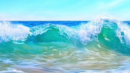 Obraz premium Gentle Ocean Waves Crashing on Sandy Shore Under Bright Blue Sky