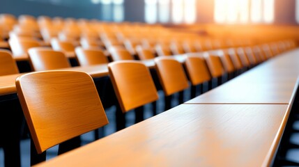 Rows of empty wooden chairs in a large lecture hall during daylight