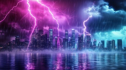 Obraz premium Dramatic Thunderstorm Over Vibrant Cityscape at Nighttime