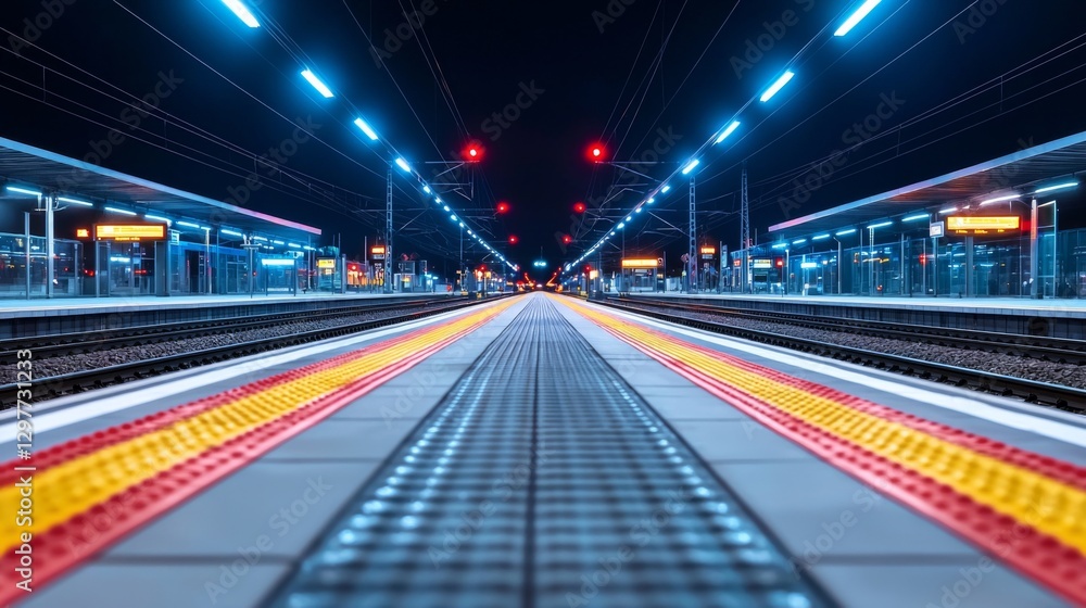 Poster nighttime view of a railway platform with glowing lights and waiting trains in the distance