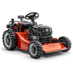 Obraz premium Orange and black garden tractor with large wheels.